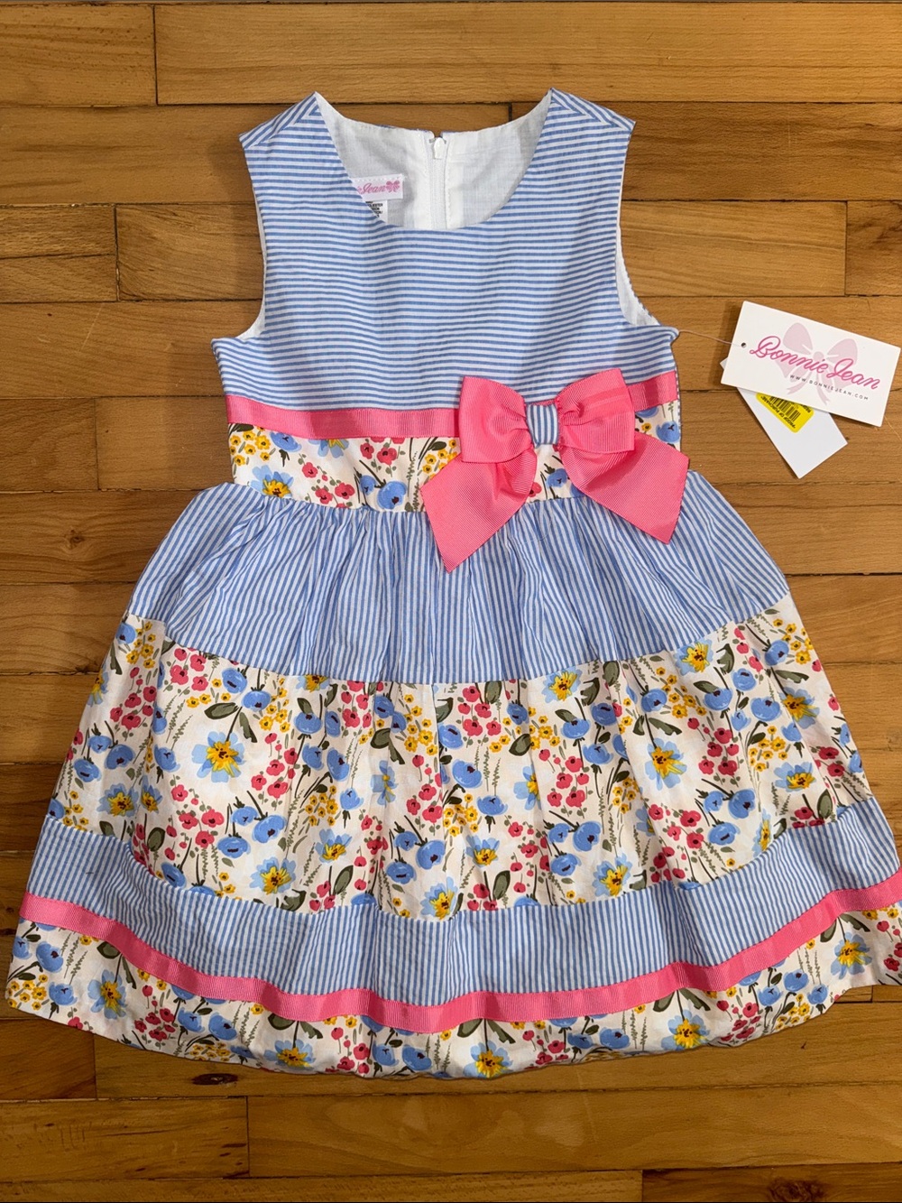 Bonnie Jean Blue & White Striped Floral Dress with Pink Bow 4T NWT